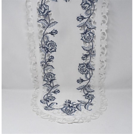 Sinobrite 16 x 45 in. Blue Rose on White Fabric Table Runner H8459-16x45