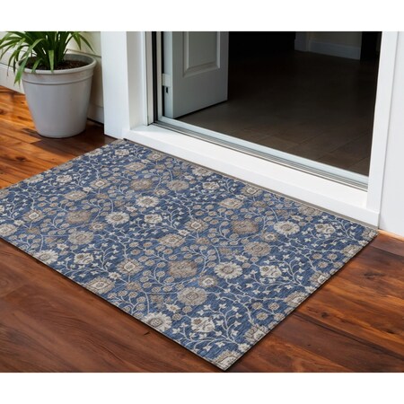 Homeroots 3' X 5' Navy Blue Brown And Beige Floral Washable Indoor Outdoor Area Rug 605431