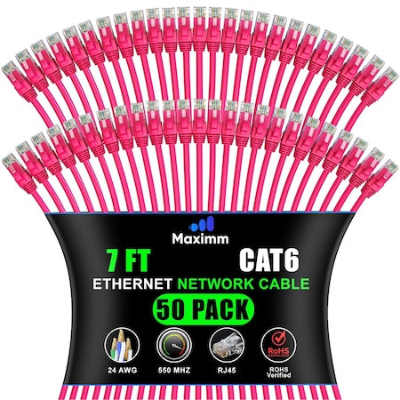 Maximm Cat6 Ethernet Cable 7ft 10Gbps 550MHz UTP, 50PK, Pink, 50PK CAT6CCA-7PN-50PK