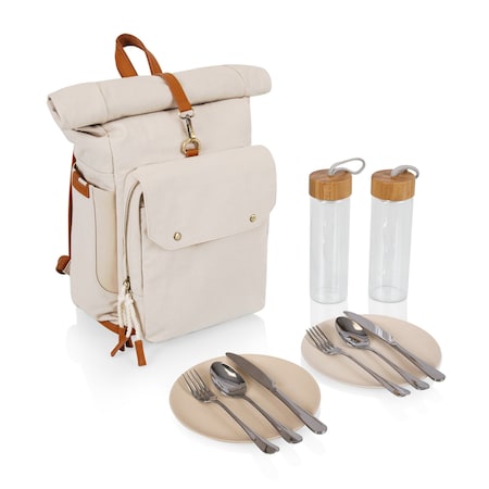 Picnic Time Family Of Brands Carmel Roll Top Picnic Backpack Cooler with Utensil Set & Glass Water Bottles, Tan 529-10-190-000-0