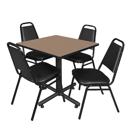 Regency Square Kobe Breakroom Table W/ 4 Restaurant Stack Chairs, 30 in W, 30 in L, Noble Oak TKB3030NO29BK