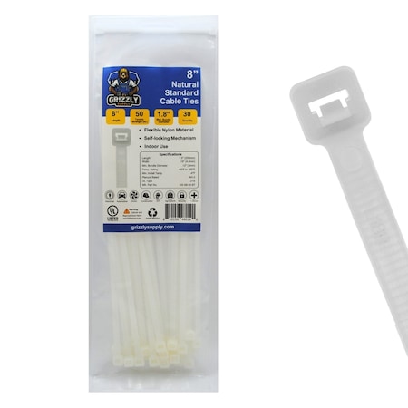 Grizzly Supply Cable Tie, 8 in L, 50 lb Strength, 2.2 in Max Bundle Dia, Nylon 6/6, Natural, 30PK GS-S8-50-9T