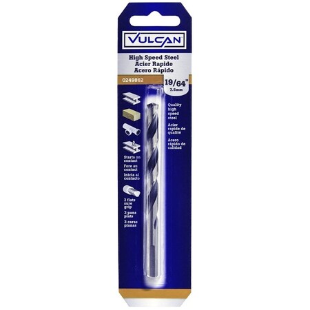 Vulcan 231751OR Jobber Drill Bit, 19/64 in Dia, 4-3/8 in OAL, 3-Flat Shank PTA250620/231751O
