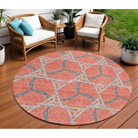 Homeroots 8' Coral And Taupe Round Geometric Washable Indoor Outdoor Area Rug 613490