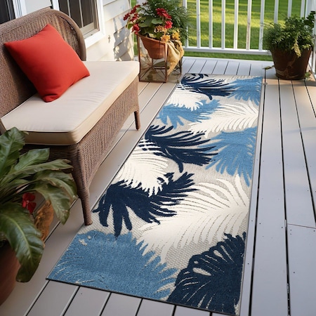 World Rug Gallery Amalfi Contemporary Tropical Floral Indoor/Outdoor Runner Rug 2 ft 7 in x 12 ft Navy 8013NAVY27X12