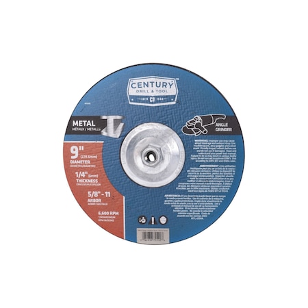 Century Drill & Tool Metal Grinding Wheel, Type 27, 9 in Dia, 1/4 in Thick, 5/8 in-11 Arbor Hole Size, Aluminum Oxide 75592