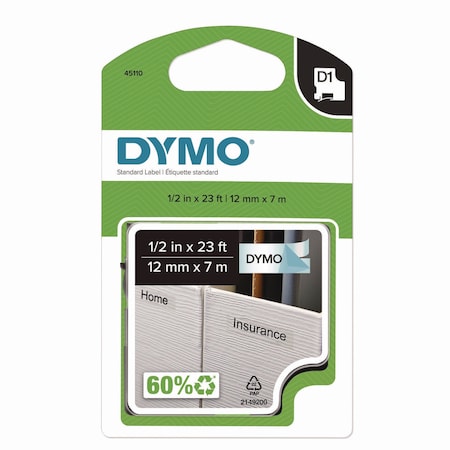Dymo D1 Standard Labels, 0.50in x 23 ft, Black Print on Clear Tape 45110