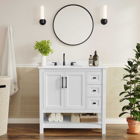 Flash Furniture Vega 36in. Vanity w/Sink, Cabinet w/Blk Hardware, Open Shelf & 3 Drawers, Marble Counter, Wht/Wht FS-VEGA36-KD-WH-HDBLK-GG