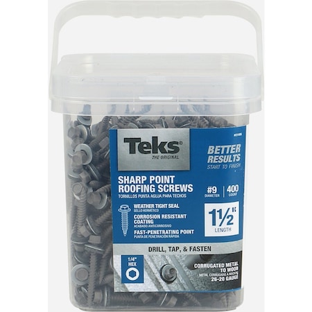 Teks No, 9 x 1-1/2'' Hex Washer Head Sharp Point Metal to Wood Roofing Screw, 400 Ct. 21406