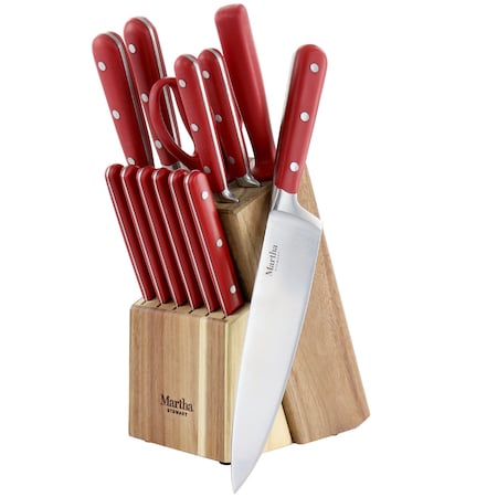 Martha Stewart 14 Piece Stainless Steel Cutlery Set in Red with Acacia Wood Storage Block 122061.14