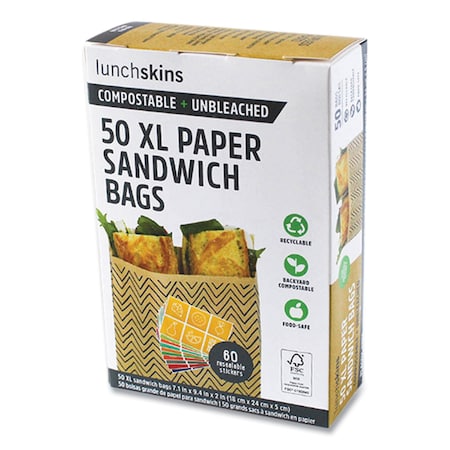 Lunchskins XL Sandwich Bag with Resealable Stickers, 7.1in x 2in x 9.1in, Black Stripes/Natural Kraft, 50PK 860000586764