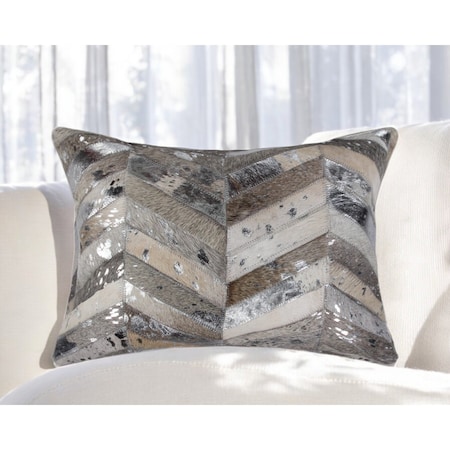 Homeroots 12" X 20" Gray and Silver Chevron Cowhide Lumbar Throw Pillow with Glitter 544577