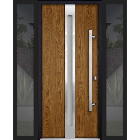 Vdomdoors Front Exterior Prehung Steel Door, Deux 1744 Natural Oak, W12+36+12" x H80", Left-hand Inswing DEUX1744EXD-OAKB-W12+36+12 x H80-Left-hand Inswing