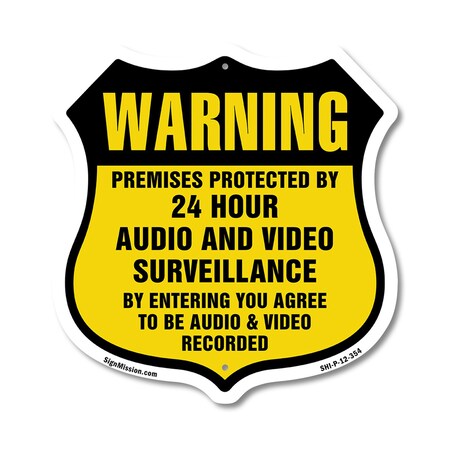 Signmission 24 Hour Surveillance Shield Sign Warning, 12 Inch X 12 Inch, Plastic Sign SHI-P-12-354