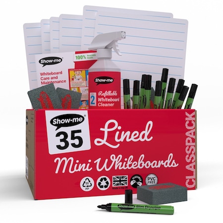 Show-Me Classpack of 35 x Lined/Plain 8" x 12" Lapboards, with Pens, Erasers, Cleaner, 35PK C/LIBX