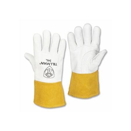 Tillman MIG Welding Gloves, 34, Top Gr Cowhide Palm/BOH/Split CH Cuff, Lg, Pearl/Bourbon Brn, 4 in Str, 6PK 724-34L