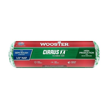 Wooster Cirrus X Series Roller Cover, 1/2 in Thick Nap, 9 in L, Polyamide Yarn Fabric/Polypropylene Cover R184-9