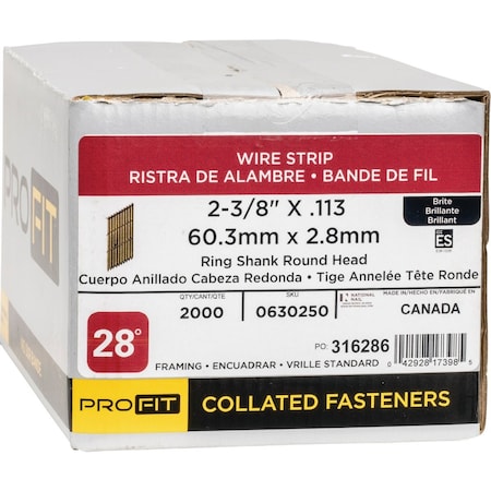 Pro-Fit 2-3/8'' x 0.113'' 28 Degree Wire Strip Ring Shank Round Head Brite Framing Stick Nails, 2000 Ct. 630250