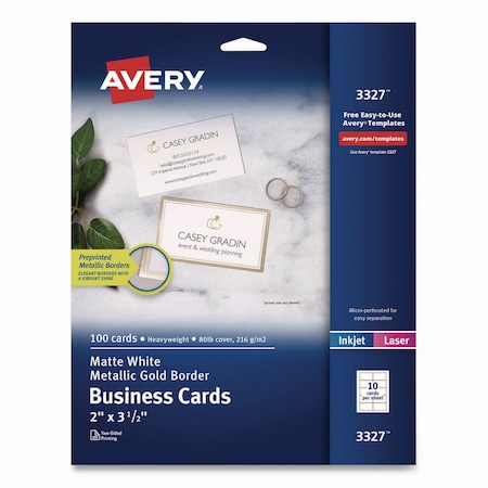 Avery Business Cards with Metallic Gold Borders, Inkjet/Laser, 2 x 3.5, White, 100PK 3327