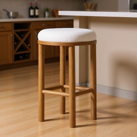 Homeroots 31" White and Natural Boucle and Solid Wood Backless Bar Height Bar Chair 632472