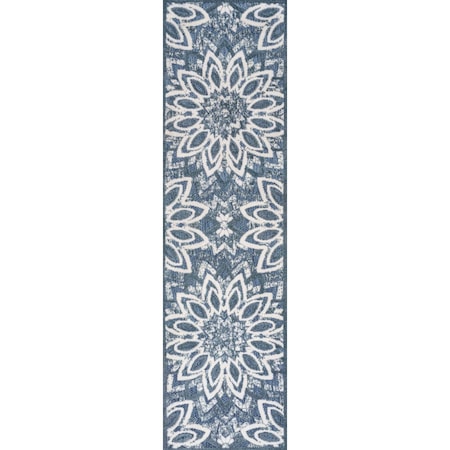 Jonathan Y Flora Abstract Bold Mandala High-Low Dark Blue/Cream 2 ft. x 8 ft. Indoor/Outdoor Runner Rug AMC112E-28