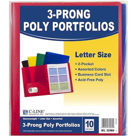 C-Line Products 2-Pocket Heavyweight Poly Folder w/Prongs, Assorted Colors, PK10 32960