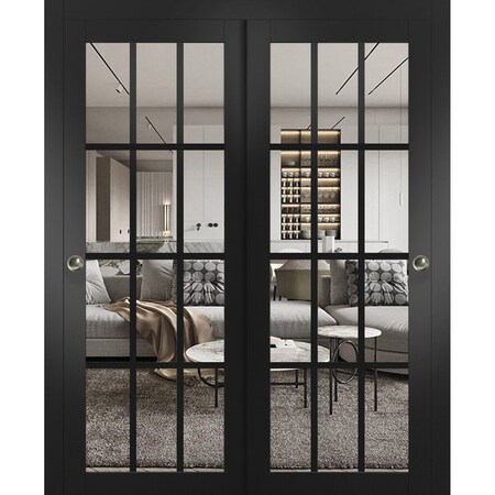 Sartodoors Sliding Closet Bypass Doors, Felicia 3355 Matte Black with Clear Glass, Sturdy Rails Moldings Trim FELICIA3355DBD-BLK-6484