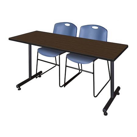 Regency Kobe T-Base Training Seminar Table W/ 2 Zeng Stack Chairs, 72 in W, 24 in L, Neo Walnut MKTRCT7224NW44BE