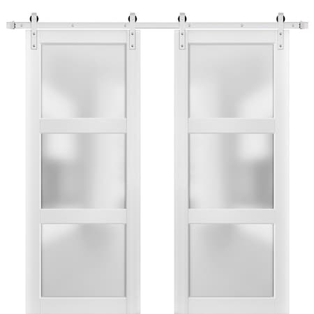 Sartodoors Sliding Double Barn Doors with Hardware, Lucia 2552 White Silk with Opaque Glass, 13FT Silver Rail LUCIA2552DB-S-BEM-36 x 84 (2* 18x84)-Frosted Glass