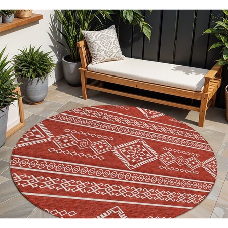 Homeroots 8' Red And Ivory Round Southwestern Washable Indoor Outdoor Area Rug 593716