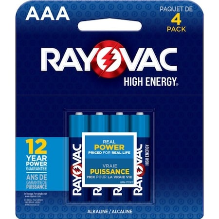 Rayovac 824-4J Battery, 1.5 V Battery, AAA Battery, Alkaline, Blue, 4/PK, 4PK 824-4T