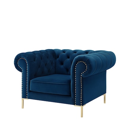Homeroots 39" Navy Blue And Gold Velvet Tufted Chesterfield Chair 533855