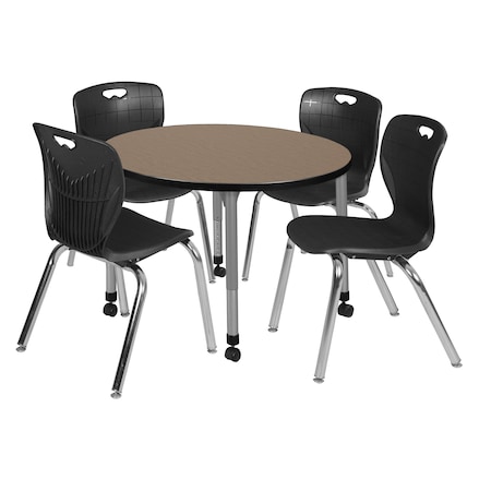 Regency Round Kee Mobile Adjustable Classroom Table W/ 4 Andy Chairs, 42 in W, 42 in L, Noble Oak TB42RNDNOAPCGY40BK