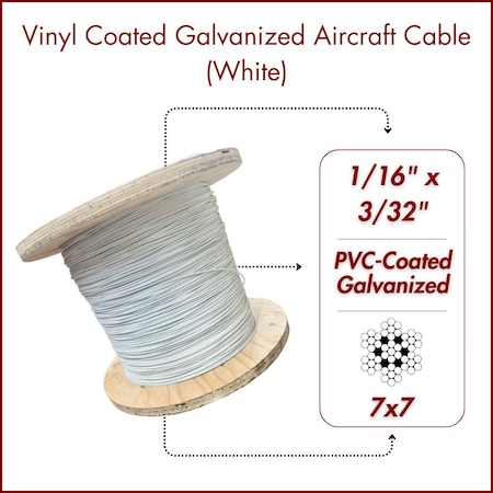 Laureola Industries 1/16in., 3/32in. 7x7 Vinyl Coated White Galvanized Cable 7x7 Strand Aircraft Cable Wire Rope, 100 ft ZAG116332-77-GPW-100