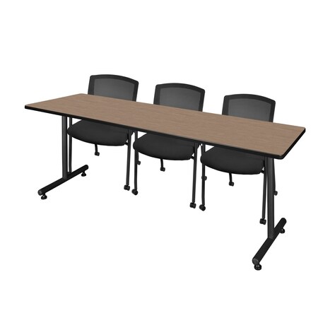 Regency Kobe T-Base Training Seminar Table W/ 3 Knight Mesh Chairs, 84 in W, 24 in L, Noble Oak MKTRCT8424NO56CBK