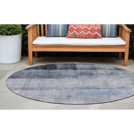 Homeroots 8' Round Navy and Gray Round Ombre Washable Non Skid Indoor Outdoor Area Rug 563651