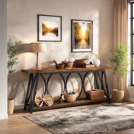 Kioottoo 70.9'' Extra Long Sofa Table, Rustic Brown & Black Industrial Console TG-F1787