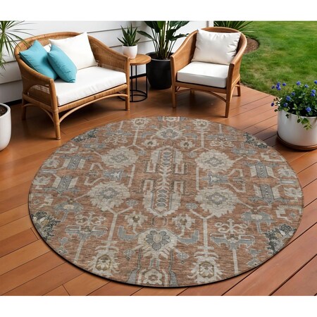 Homeroots 8' Brown Gray And Charcoal Round Oriental Washable Indoor Outdoor Area Rug 582118