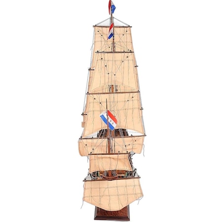 Homeroots 35" Wood Brown Solid Wood Hand Painted Model Boat Tabletop Sculpture 364387