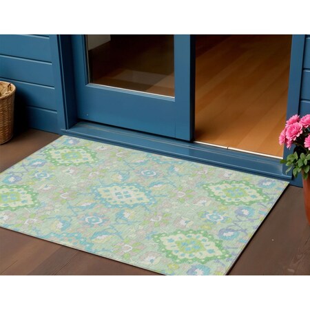 Homeroots 3' X 5' Mint Green Blue And Ivory Oriental Washable Indoor Outdoor Area Rug 597698
