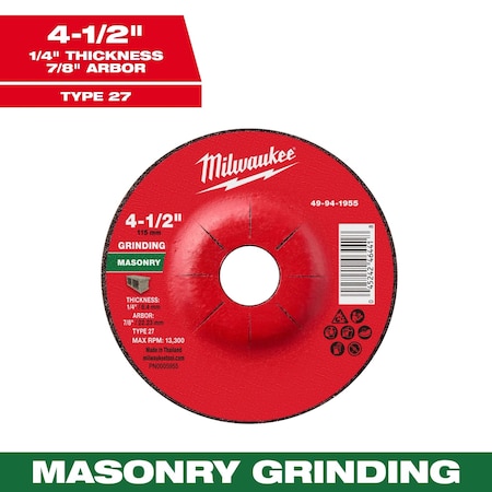 Milwaukee Tool Grinding Wheel, 7/8" Sz, 4 1/2" dia. 49-94-1955