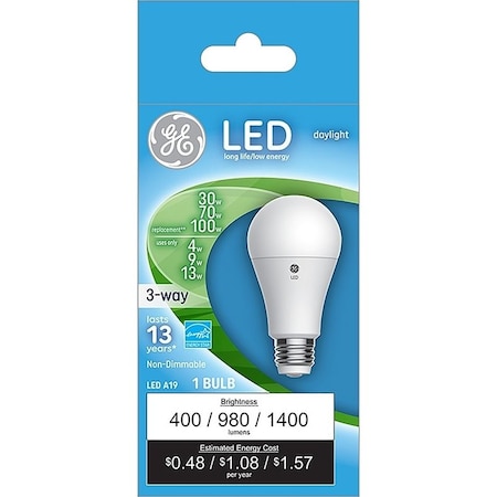 Ge Light Bulb, 3-Way, A19 Lamp, 30, 70, 100 W Equivalent, Medium Lamp Base, Non-Dimmable 93126857
