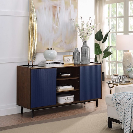Manhattan Comfort Duane 59.05 Modern Ribbed Sideboard with Adjustable Shelves in Dark Brown and Navy Blue SB-9GLF-NB