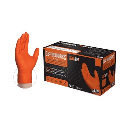 Gloveworks Disposable Gloves, 8 mil Palm, Nitrile, L, 100 PK, Orange GWON46100
