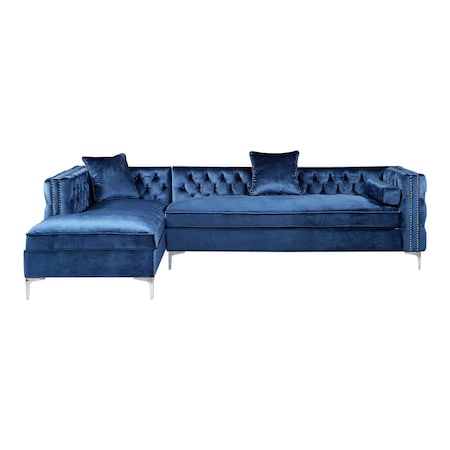 Homeroots Navy Blue Velvet Rectangular Sofa and Chaise Sectional And Toss Pillows 630403