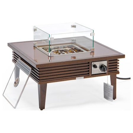 Leisuremod Walbrooke Patio Aluminum Square Slats Design Fire Pit Side Table with Lid & Fire Glass, Brown WBRS-27-GL