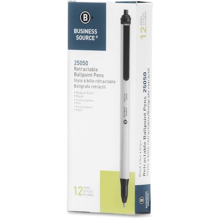 Business Source Retractable Ballpoint Pens, Black, 12PK BSN25050