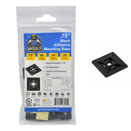 Grizzly Supply Adhesive Cable Tie Mounts, 3/4 in Sq, Nylon 6/6, .14 in Slot Wd, UV Resistant, Black, 25PK   GS-CM75-0Q