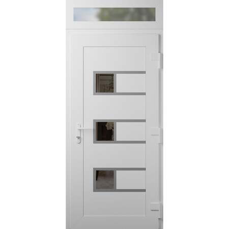 Vdomdoors Front Exterior Prehung Metal-Plastic Door, Manux 8933 White Silk, Top Sidelite Transom, Office Comm MANUX8933EXD-WS-W36xH80+14-LH