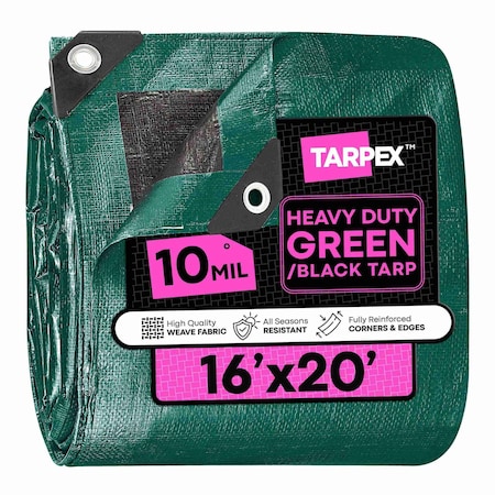 Tarpex Heavy Duty Tarp, 16 ft x 20 ft, 10 Mil, Green/Black, Polyethylene MTGB-TA-1620